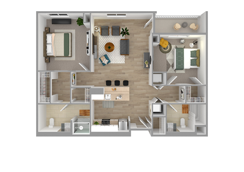 Floor plan for 2 beds, 2 baths, 1107 sqft